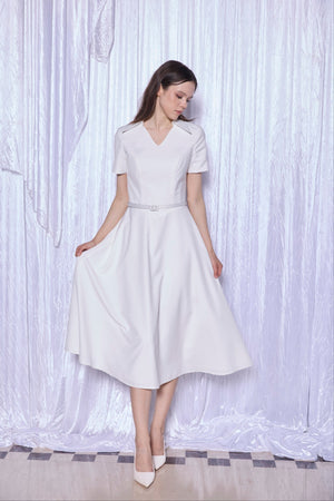 Tailored Shirt Collar Midi Dress in Pearl White
