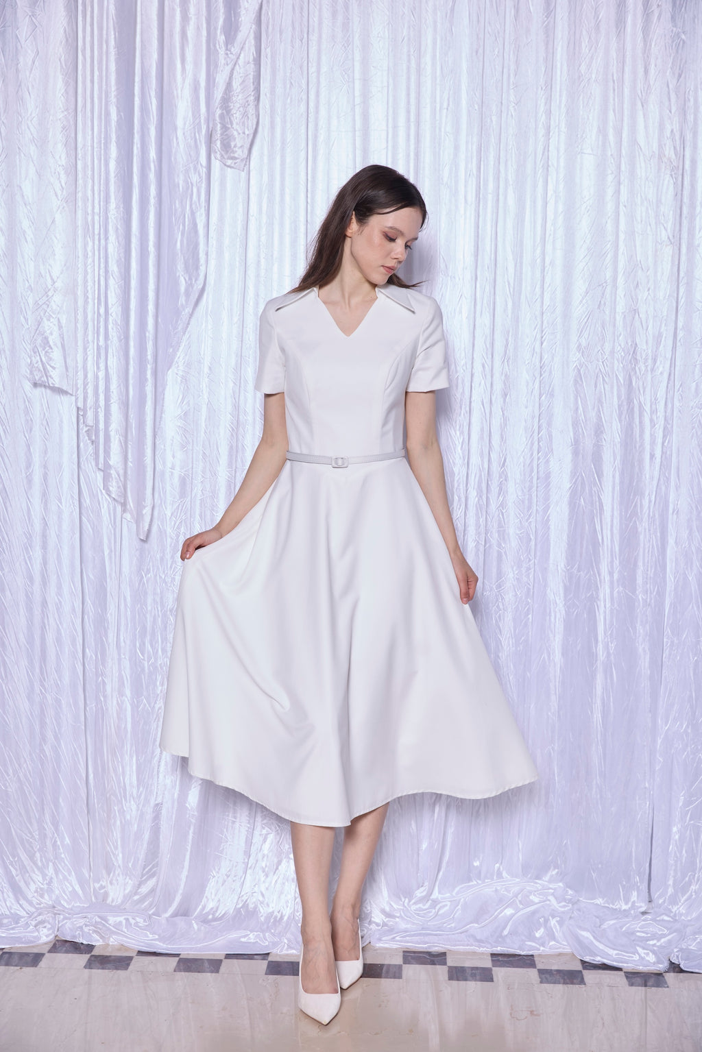Tailored Shirt Collar Midi Dress in Pearl White
