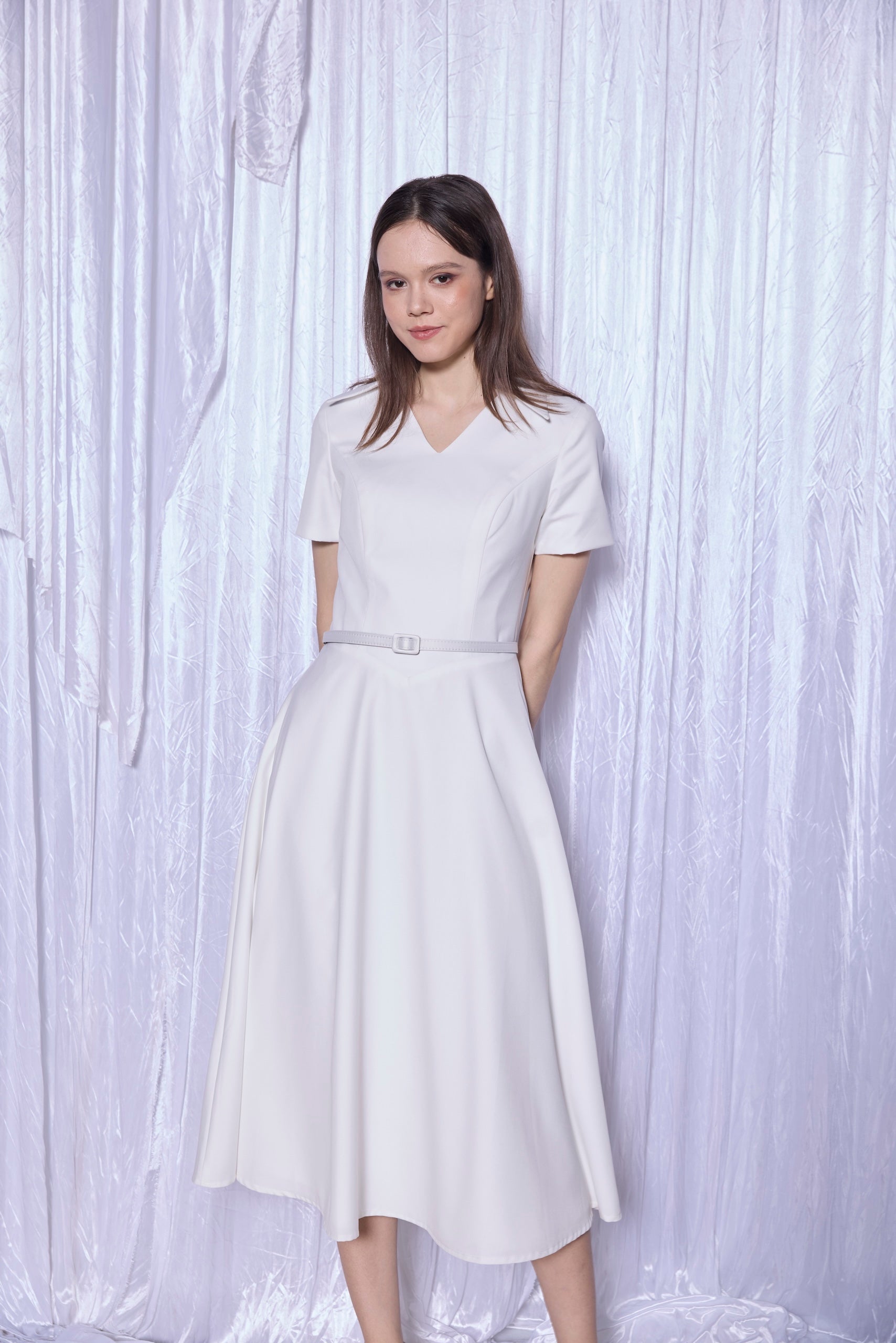 Tailored Shirt Collar Midi Dress in Pearl White