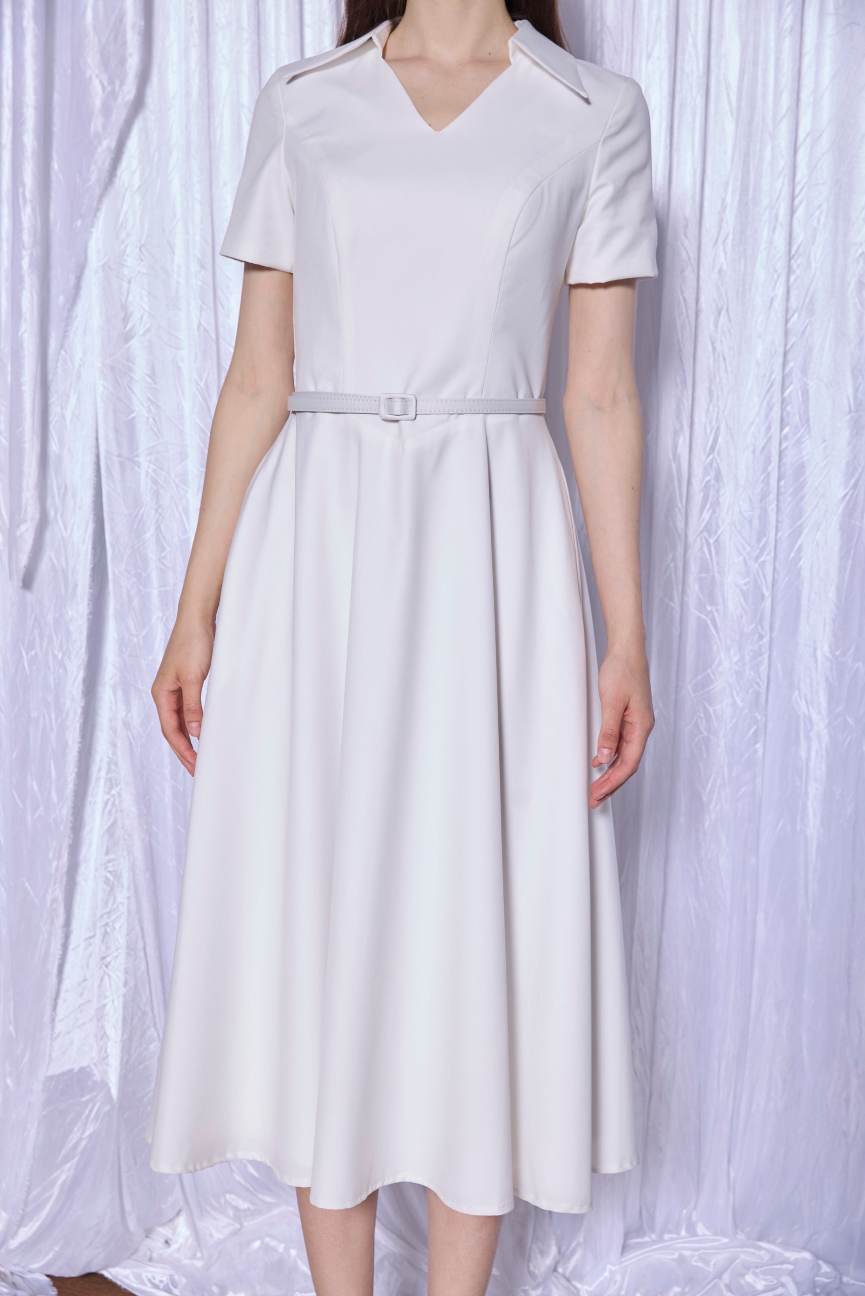 Tailored Shirt Collar Midi Dress in Pearl White