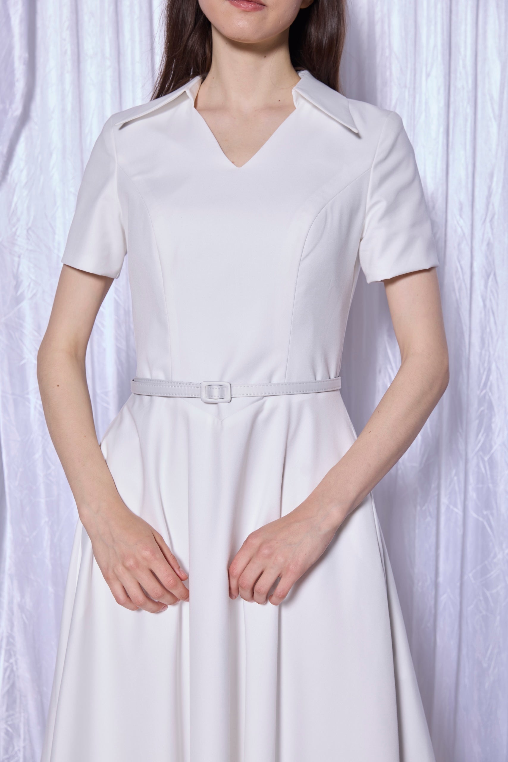 Tailored Shirt Collar Midi Dress in Pearl White
