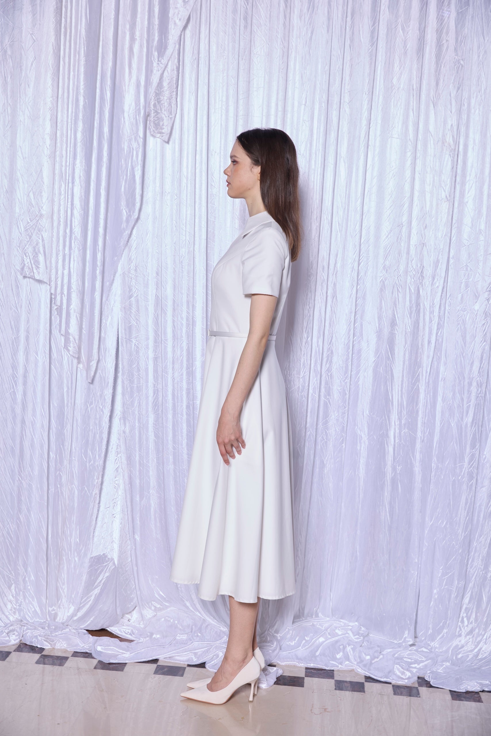 Tailored Shirt Collar Midi Dress in Pearl White