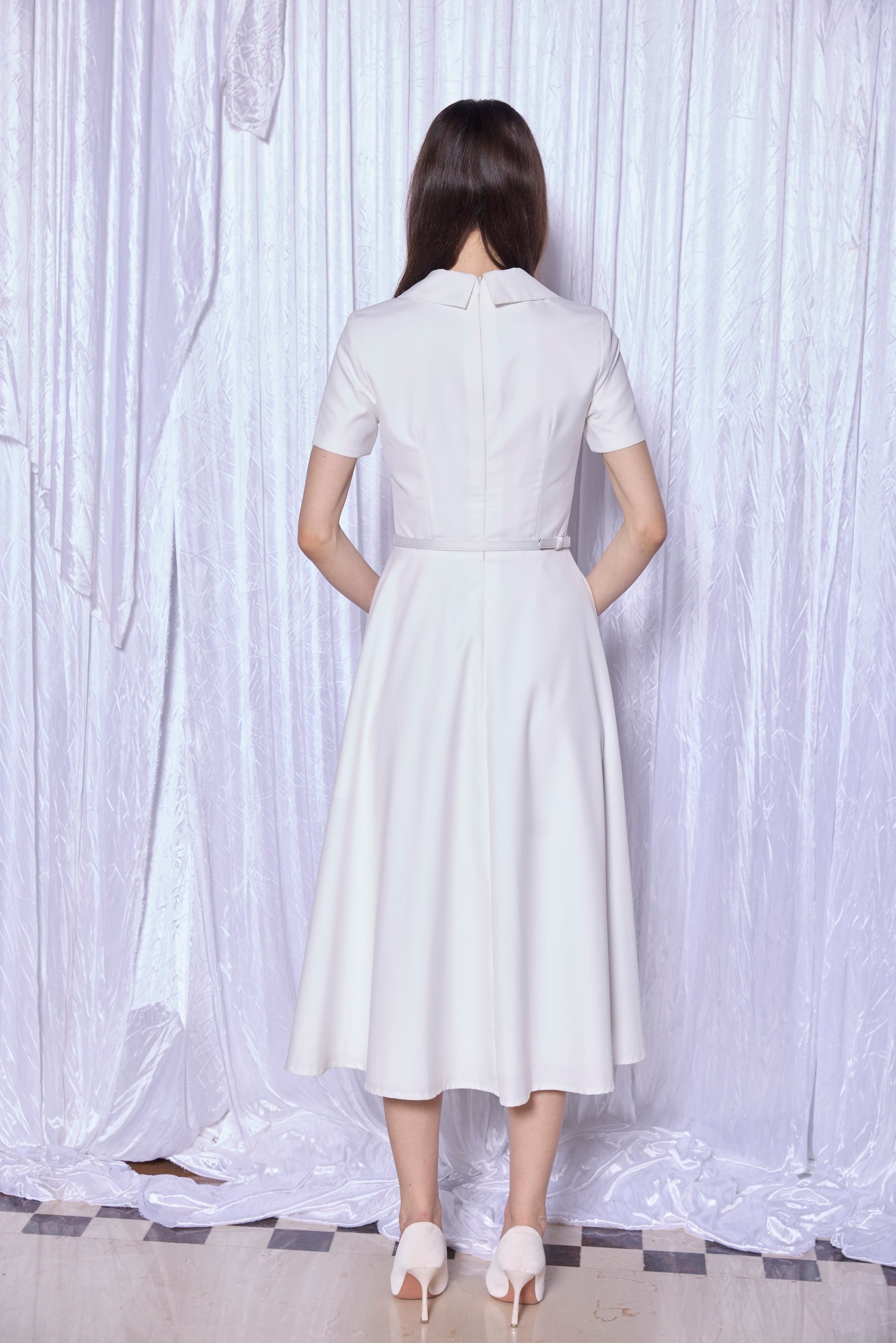 Tailored Shirt Collar Midi Dress in Pearl White