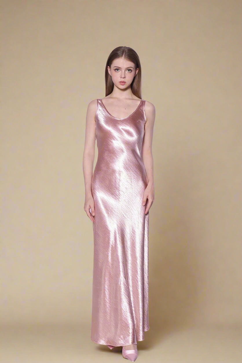 Metallic Slip Dress in Rose Blush