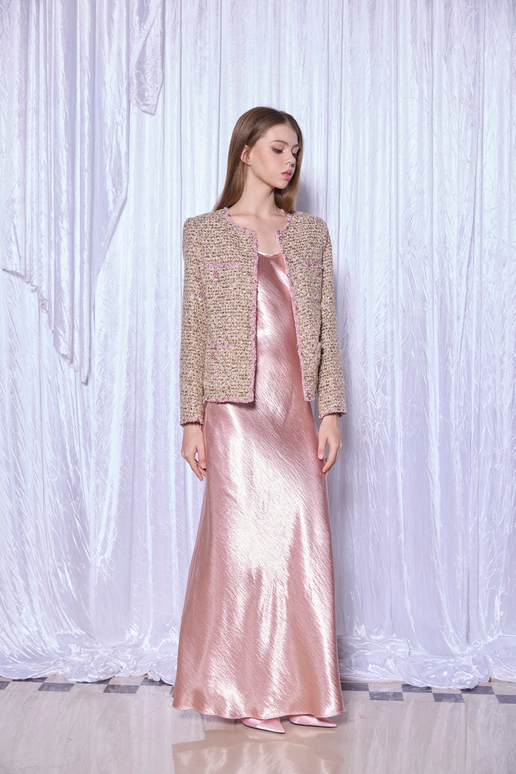 Beaded Tweed Jacket in Petal Gold
