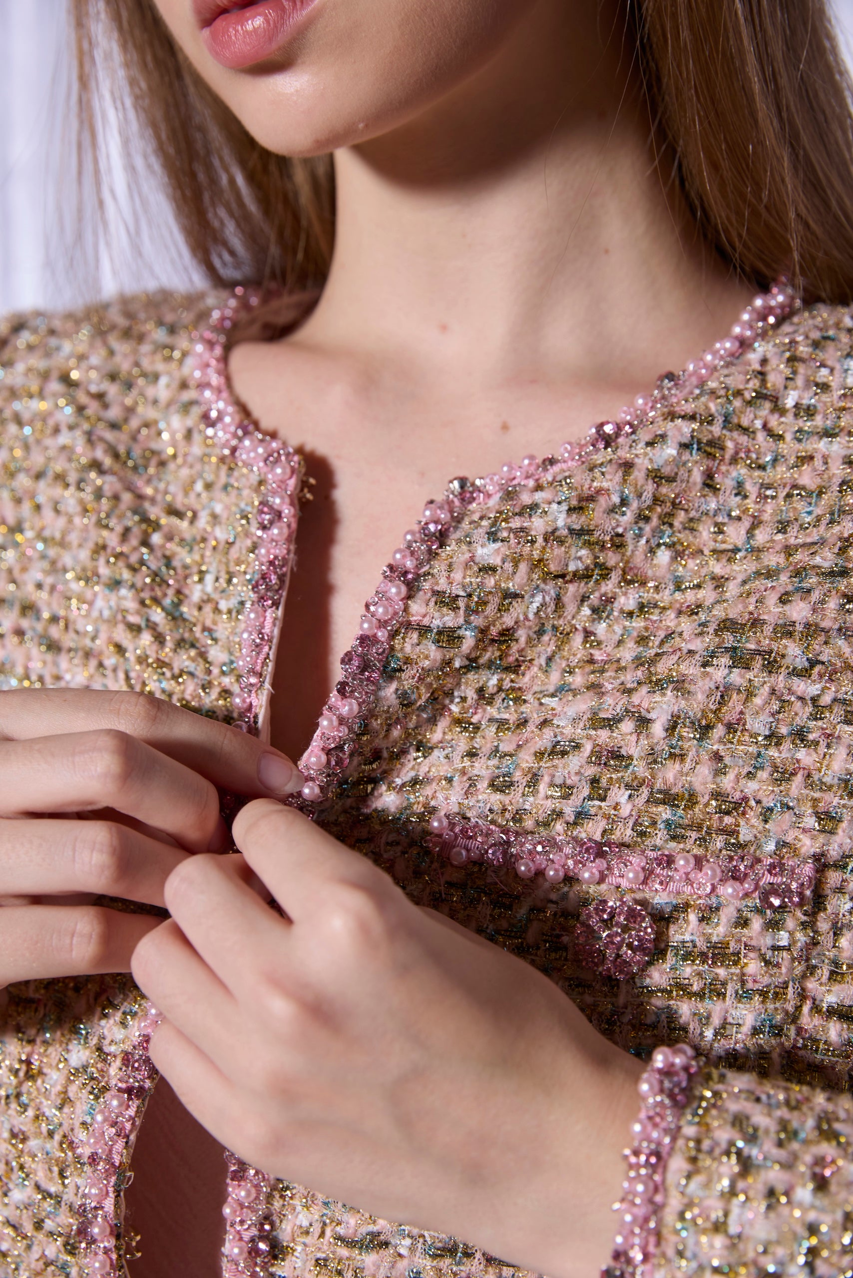 Beaded Tweed Jacket in Petal Gold
