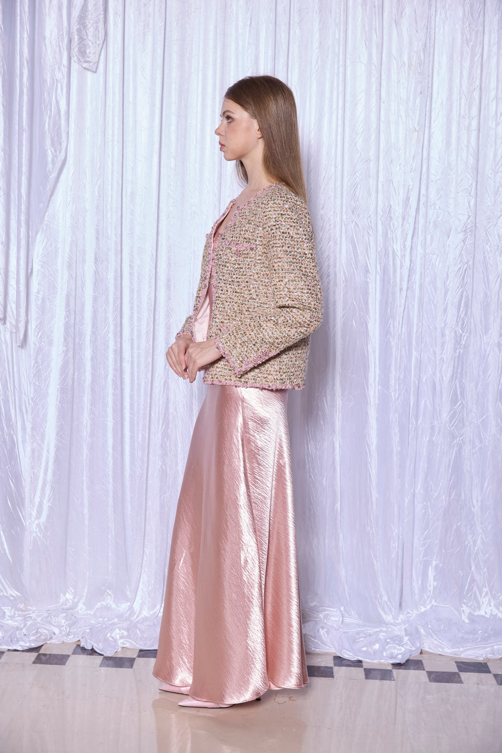 Beaded Tweed Jacket in Petal Gold
