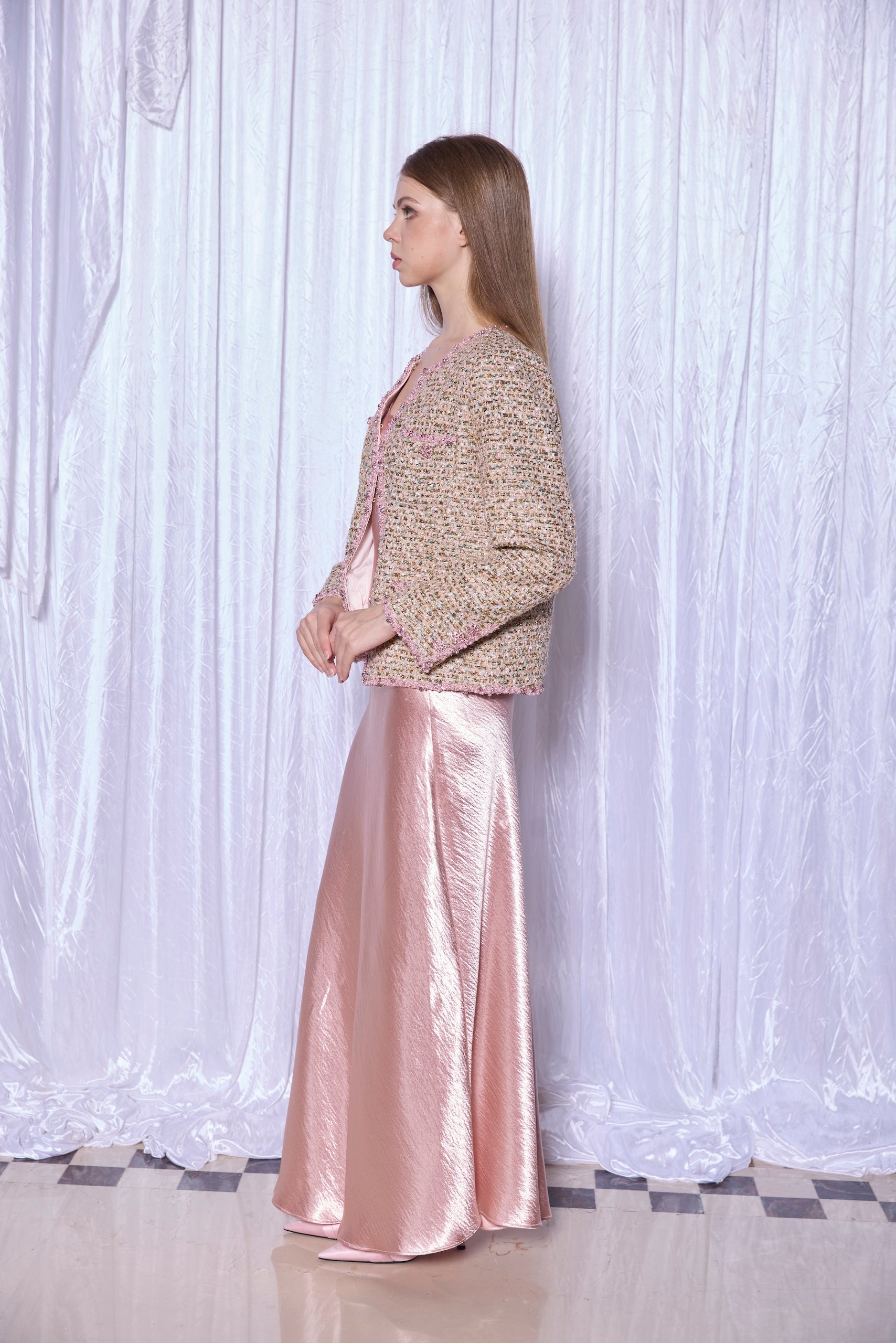 Beaded Tweed Jacket in Petal Gold
