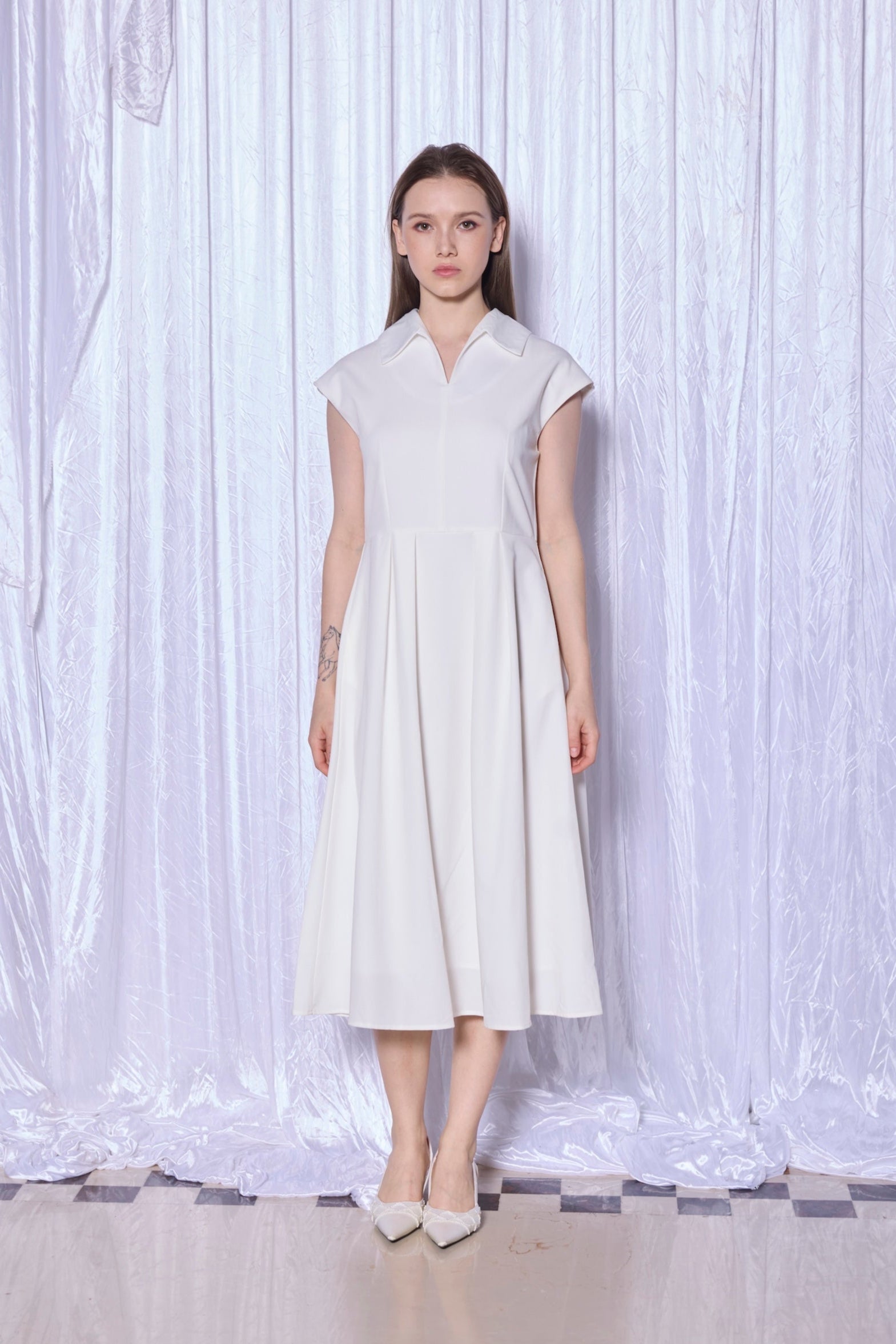 Pleated Midi Dress in White