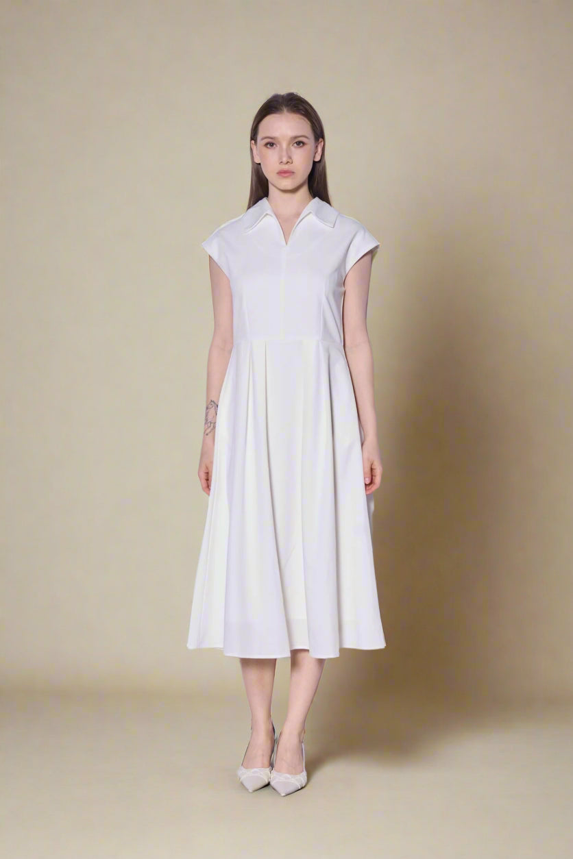 Pleated Midi Dress in White