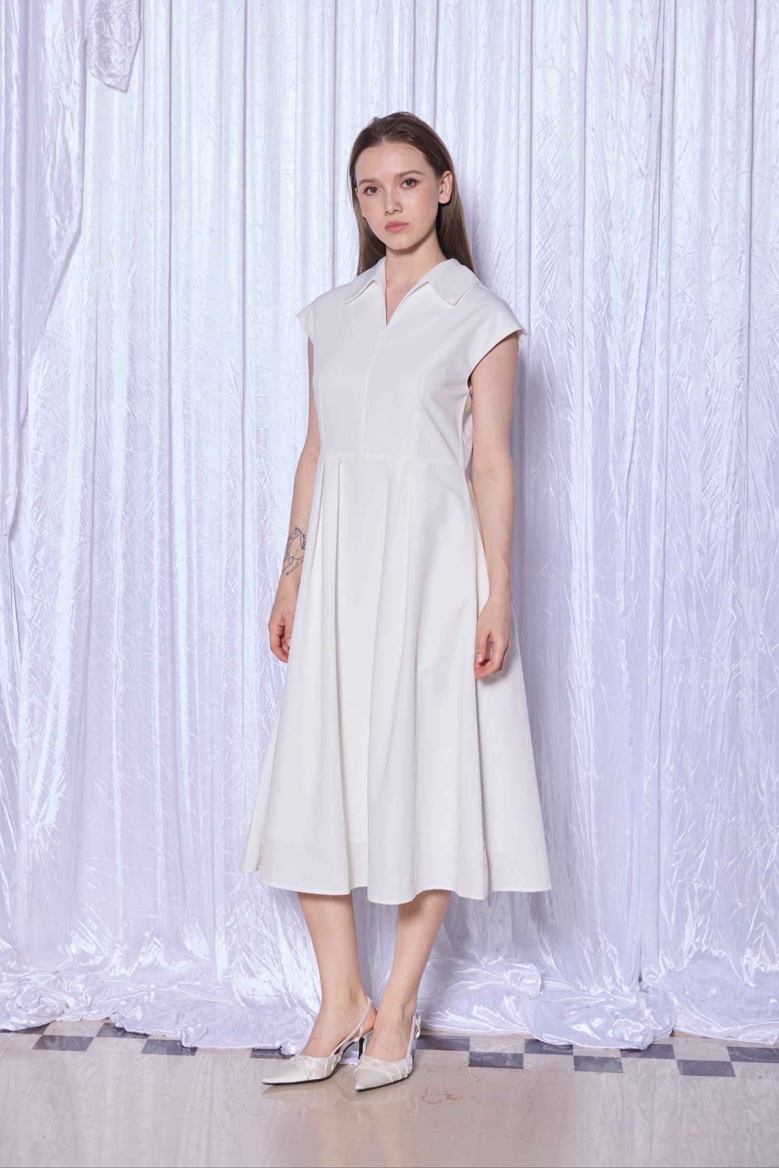 Pleated Midi Dress in White