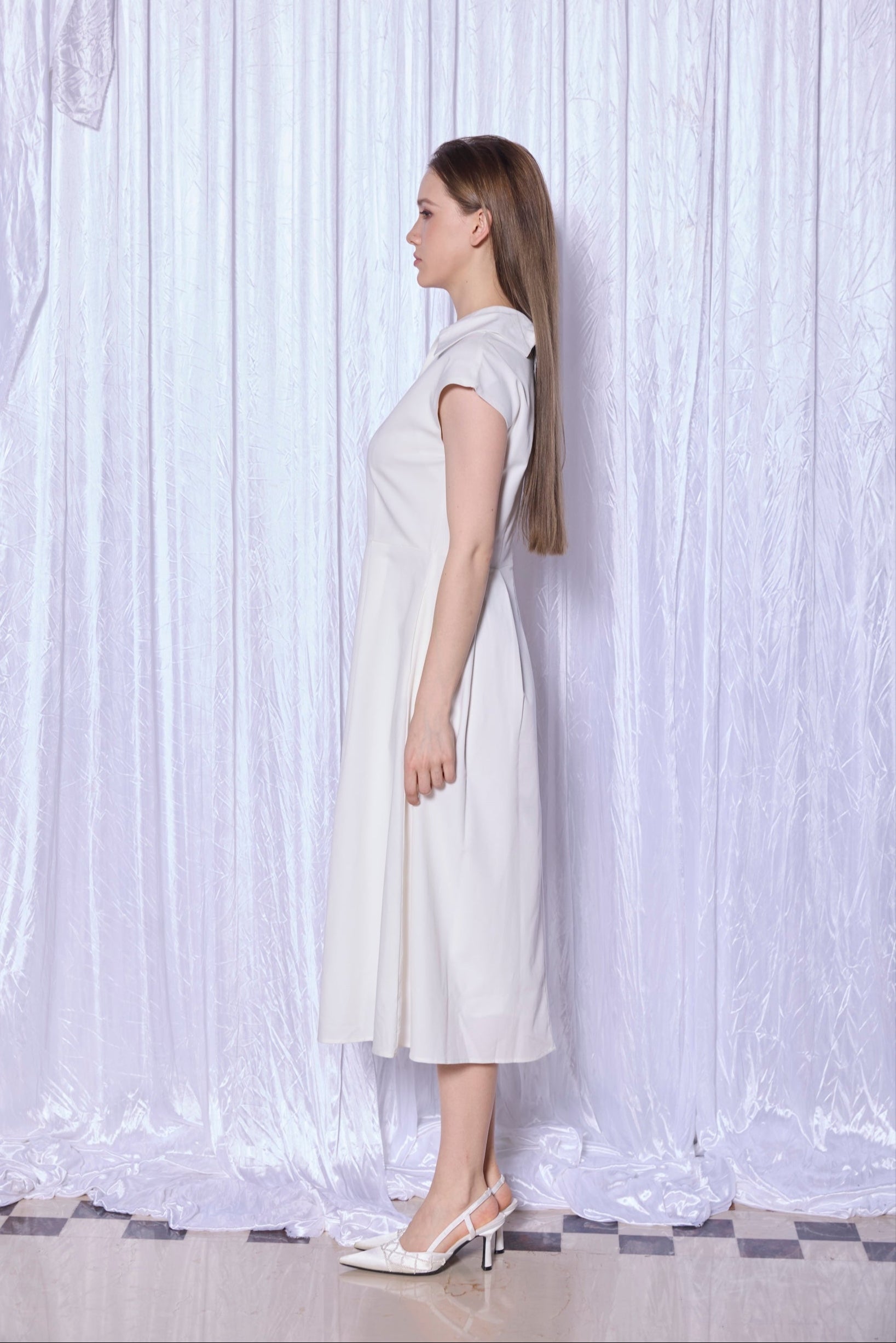 Pleated Midi Dress in White