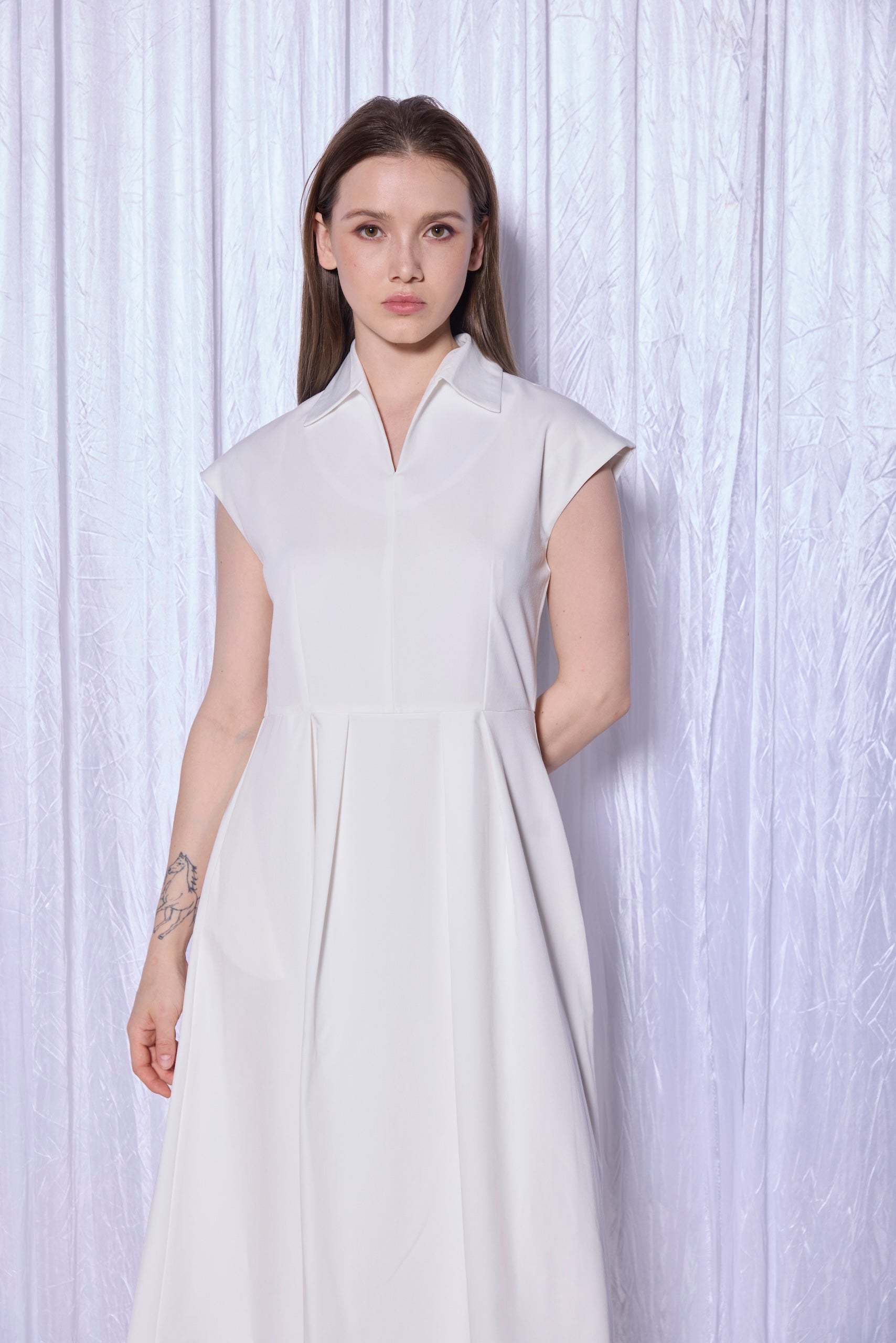 Pleated Midi Dress in White