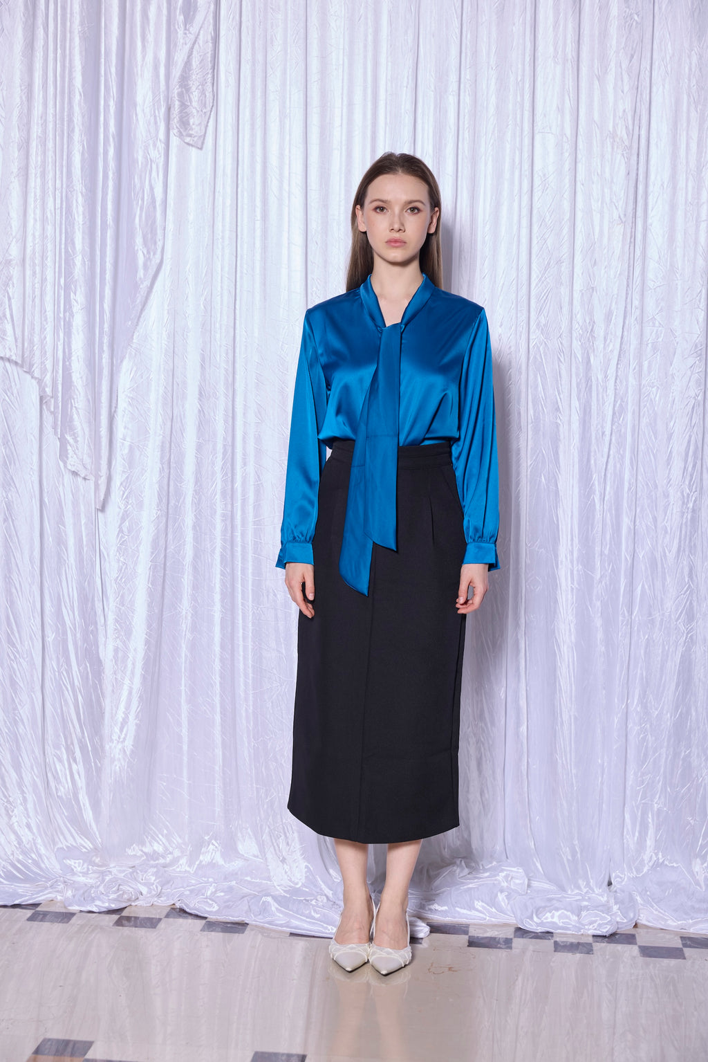 Silk Tie-Neck Blouse in Cobalt Blue