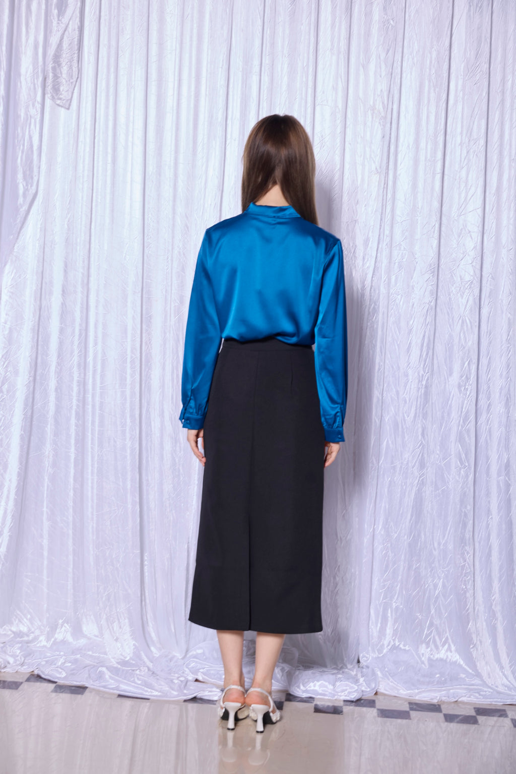 Silk Tie-Neck Blouse in Cobalt Blue