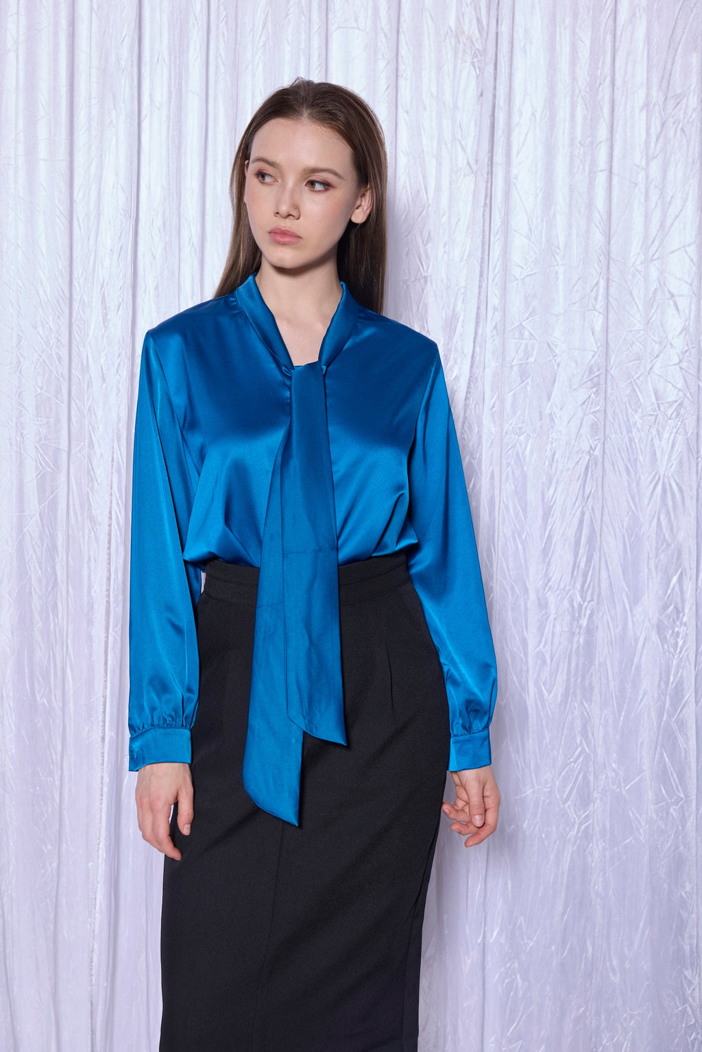 Silk Tie-Neck Blouse in Cobalt Blue