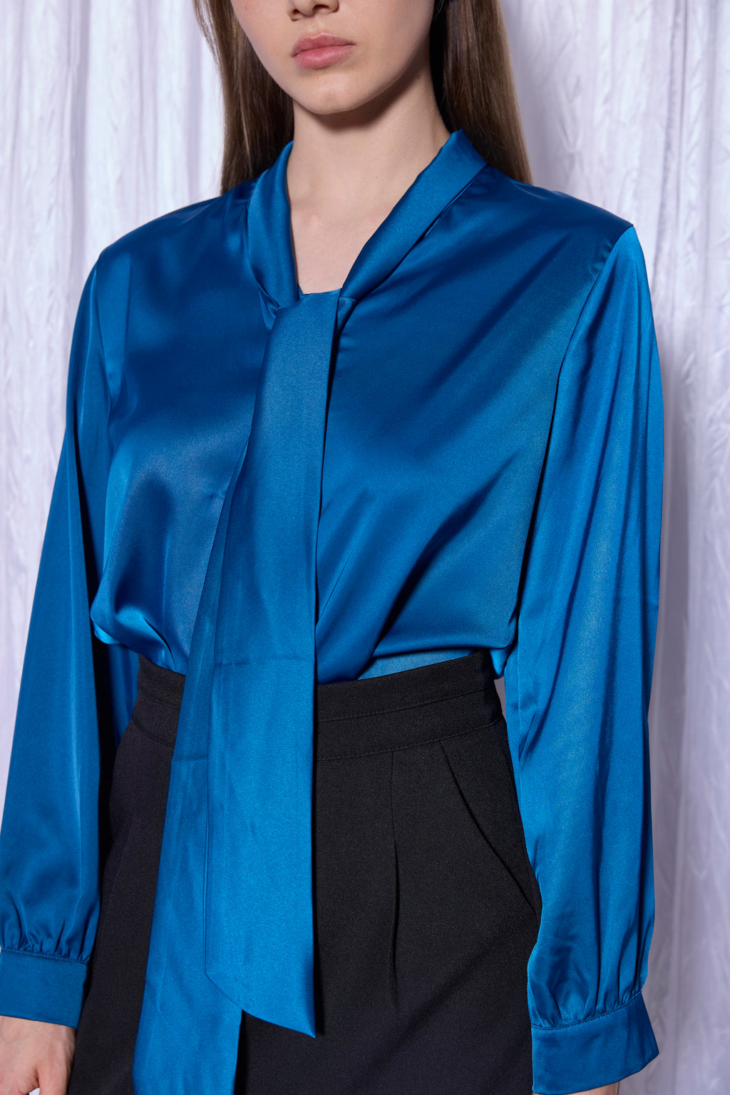 Silk Tie-Neck Blouse in Cobalt Blue