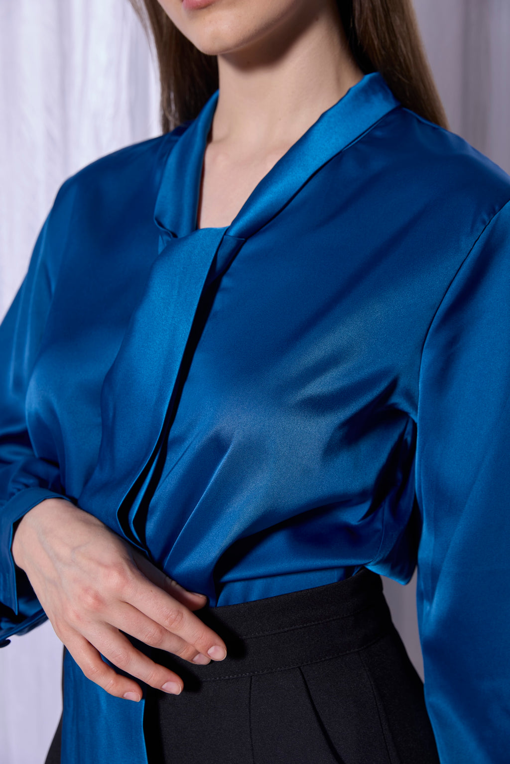 Silk Tie-Neck Blouse in Cobalt Blue
