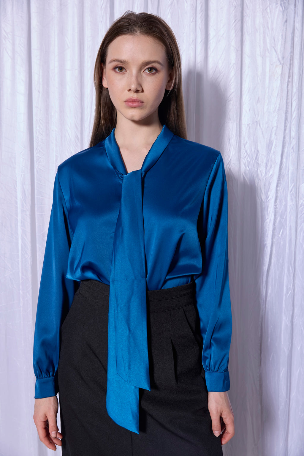 Silk Tie-Neck Blouse in Cobalt Blue