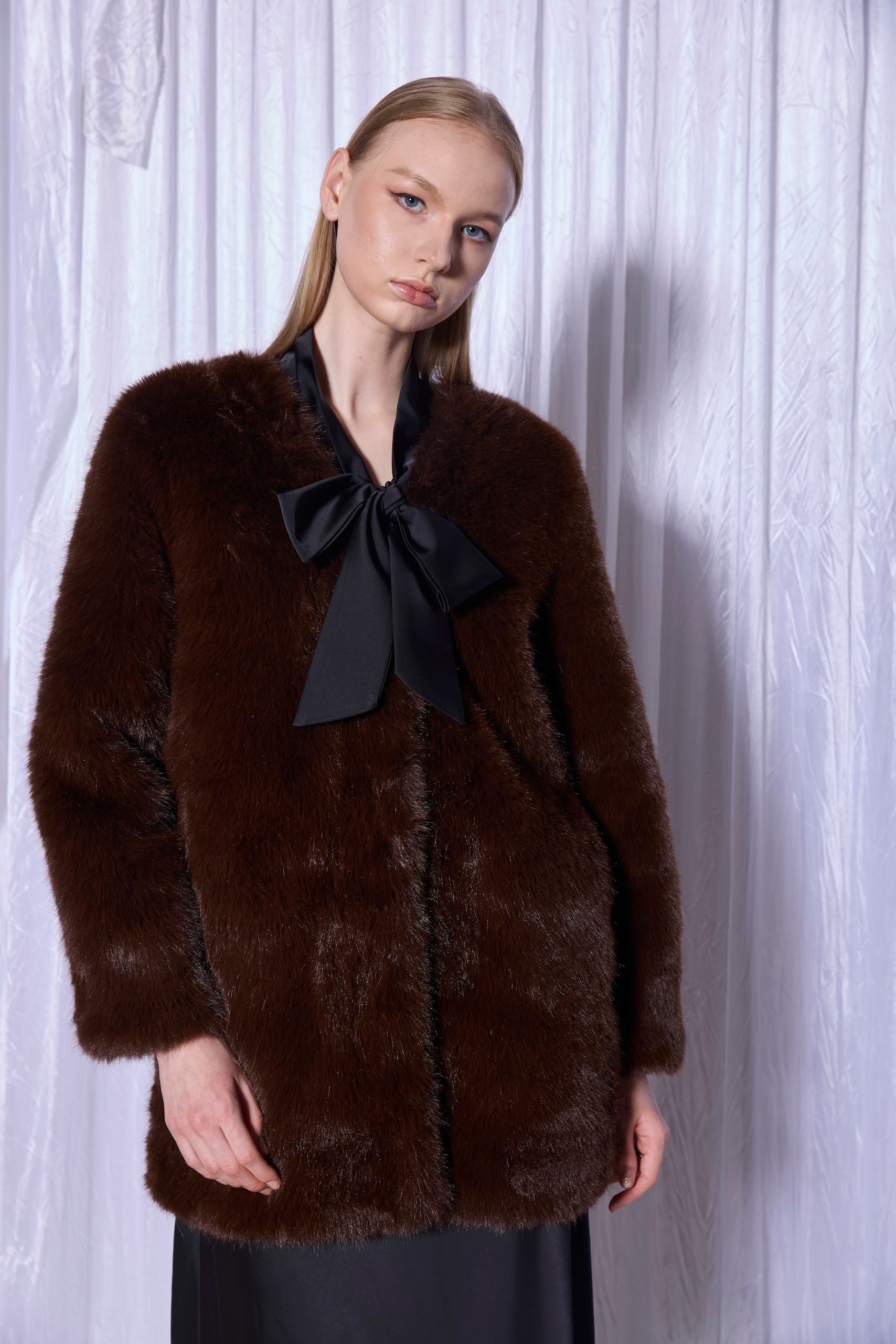 Faux Fur Coat in Espresso