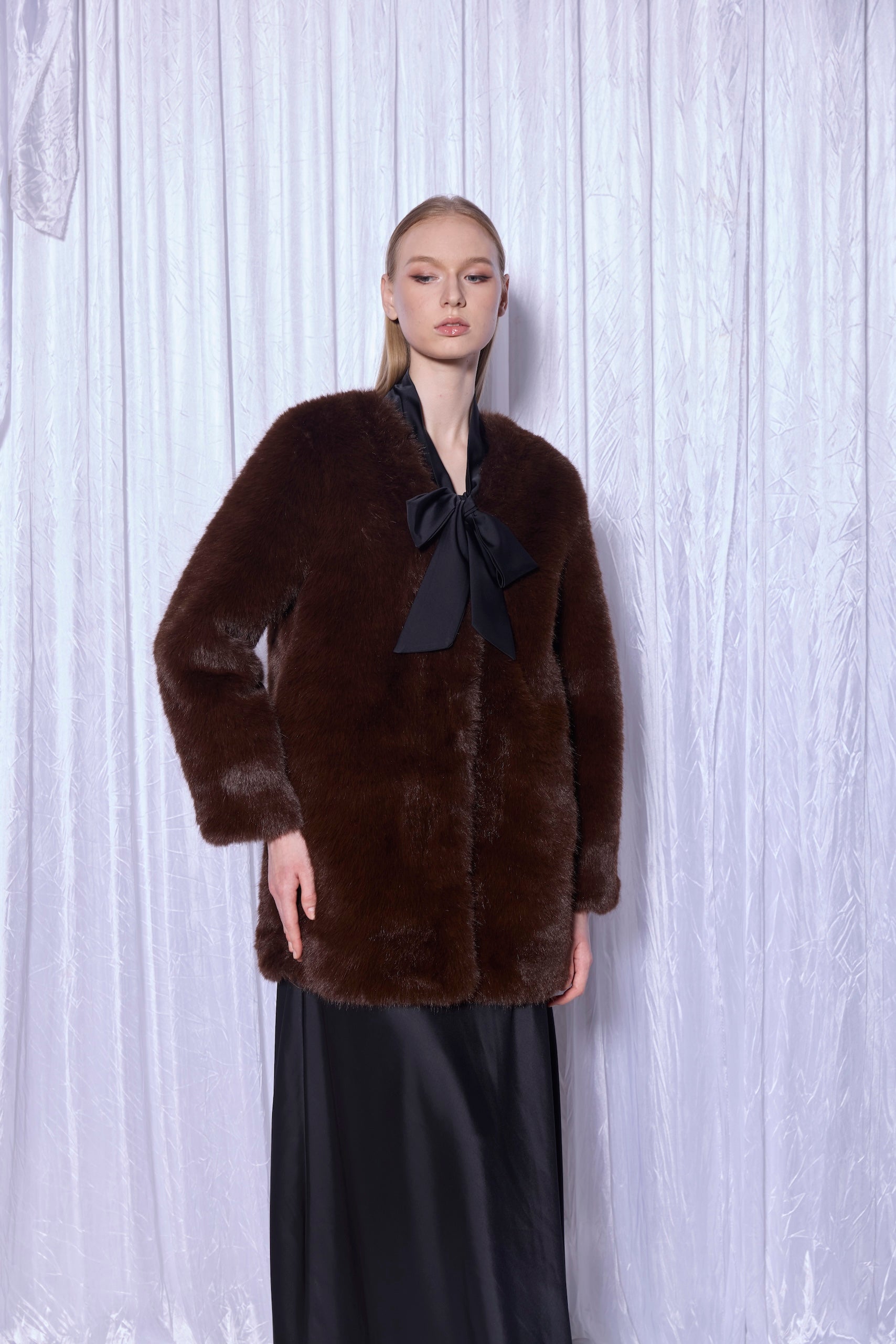 Faux Fur Coat in Espresso