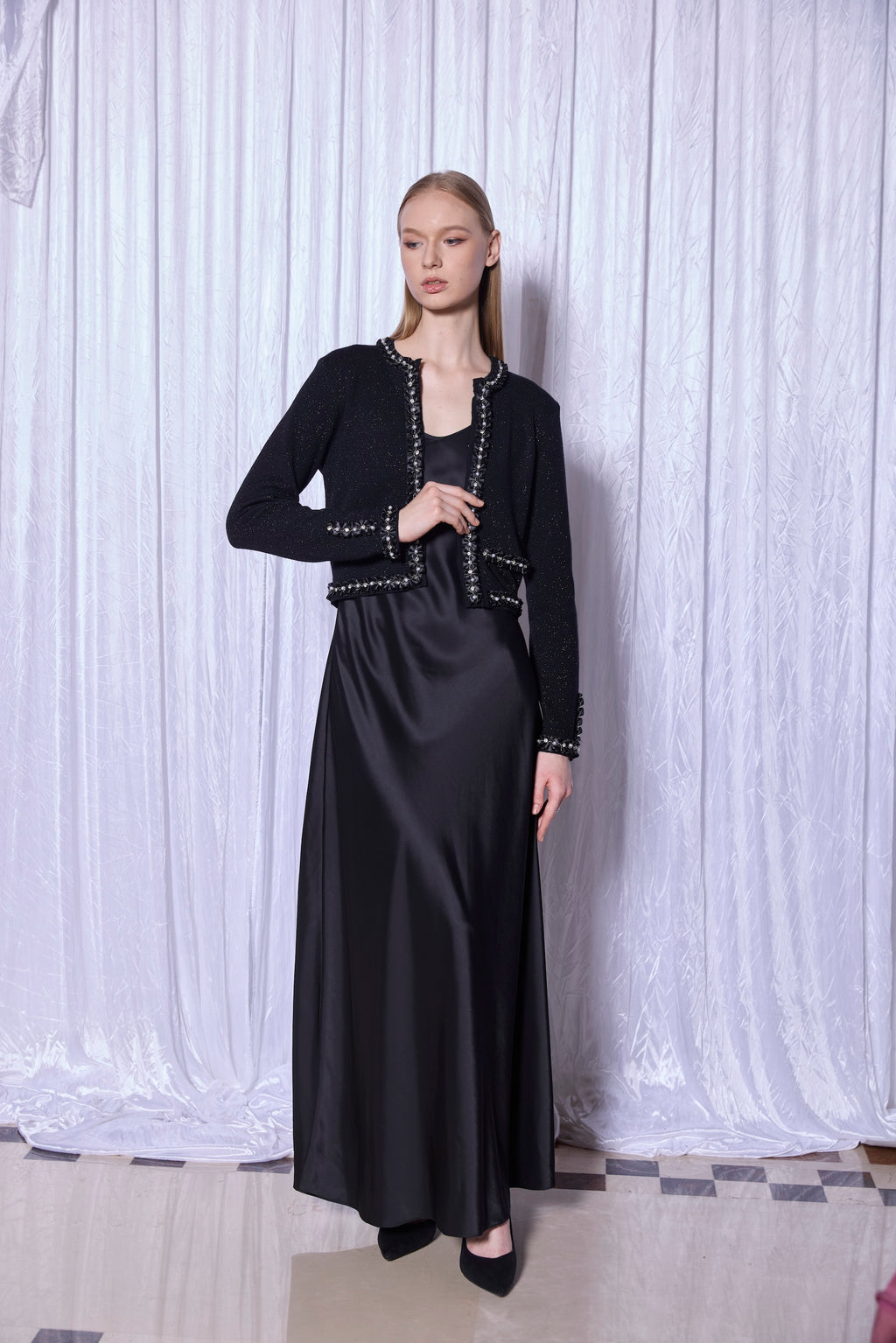 Trimmed Knit Jacket in Noir