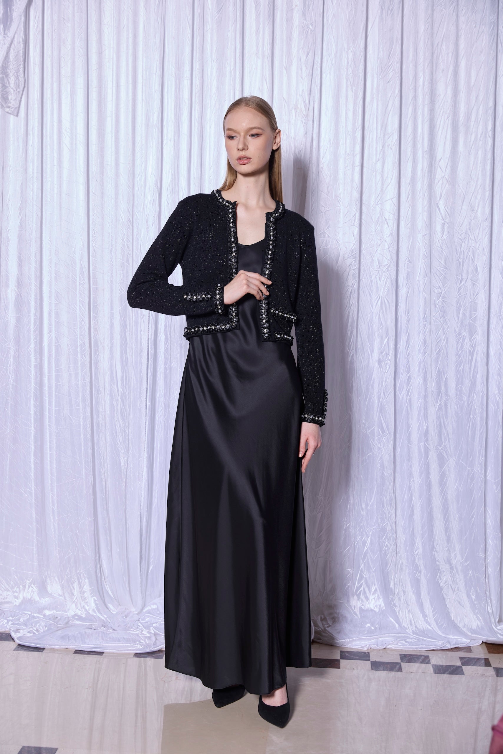 Trimmed Knit Jacket in Noir