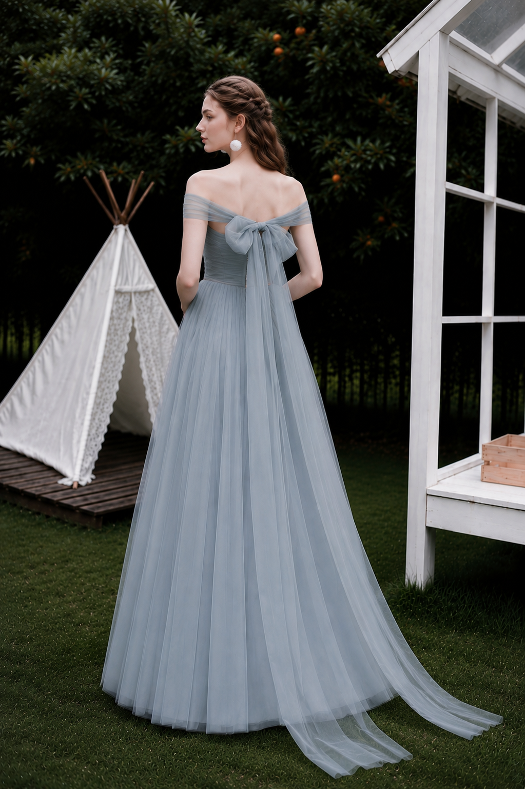 Celeste Bow Back Tulle Bridesmaid Dress – Dusty Blue Off Shoulder Maxi Gown
