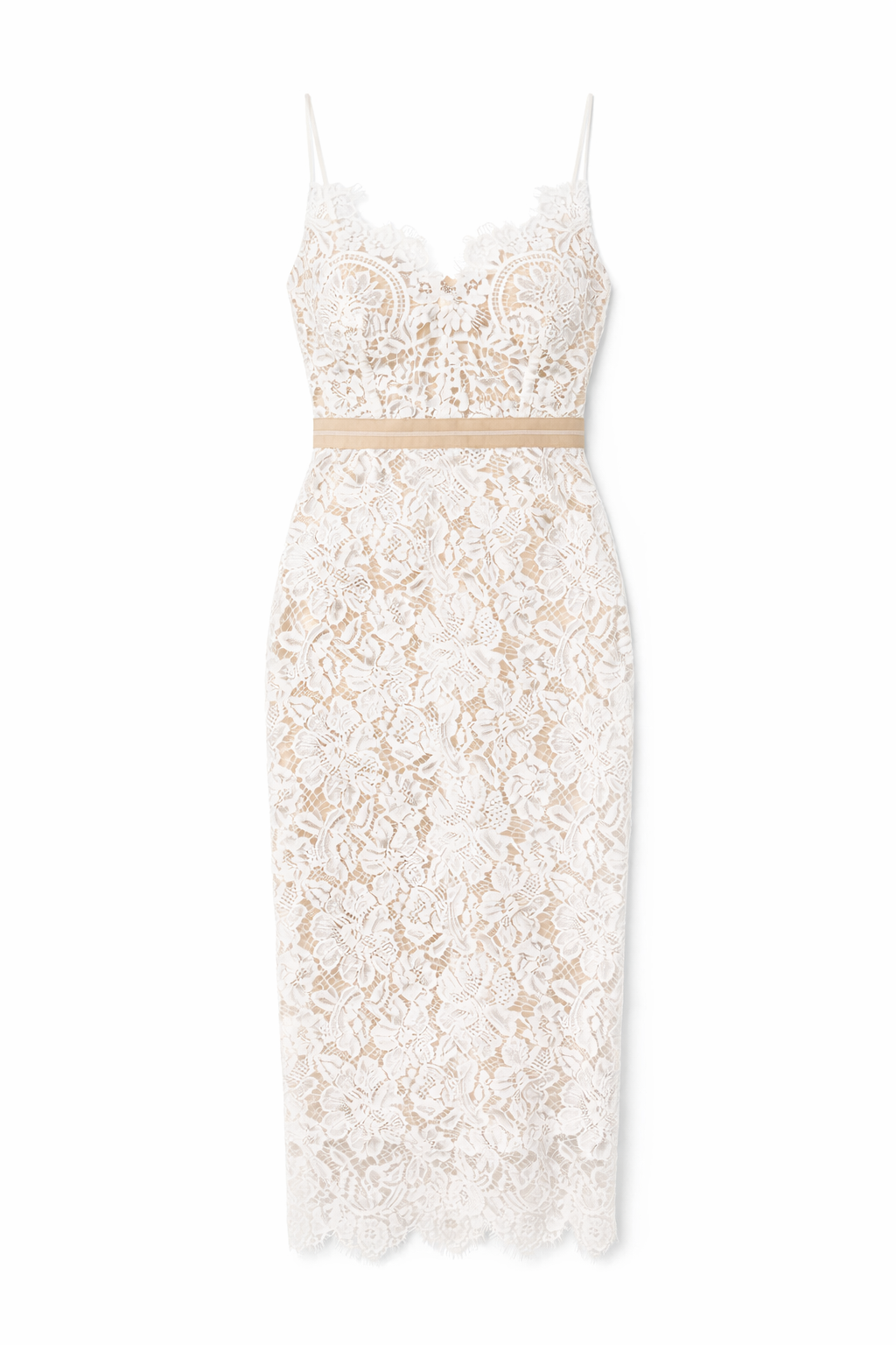 White lace dress with a beige belt on a white background