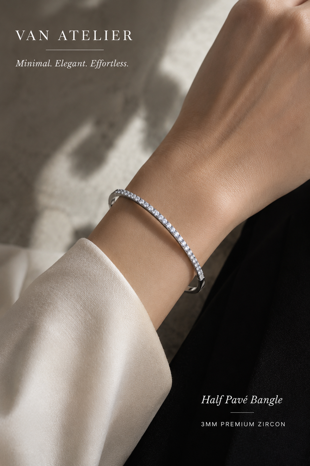 Half Pavé Diamond-Look Bangle – 3MM Premium Zircon Luxury Bracelet
