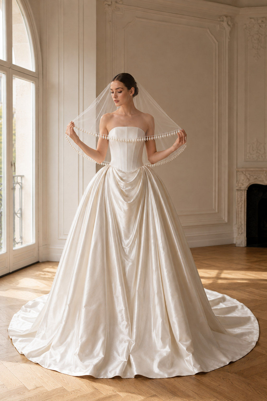 Short Teardrop Pearl Bridal Veil – 120cm