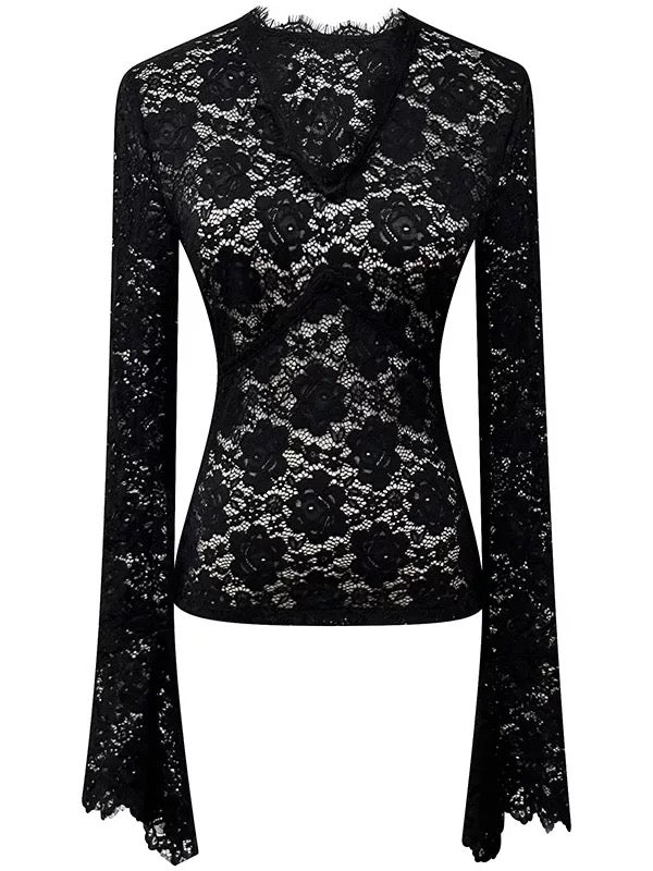 Elegant Black Sheer Lace Blouse with Tie Detail