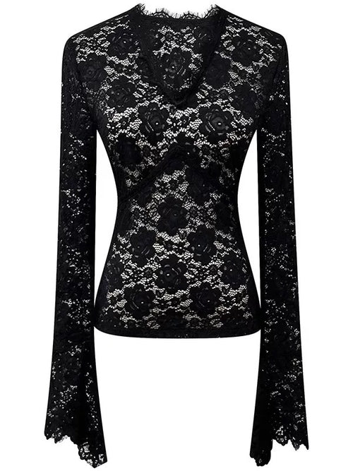 Elegant Black Sheer Lace Blouse with Tie Detail