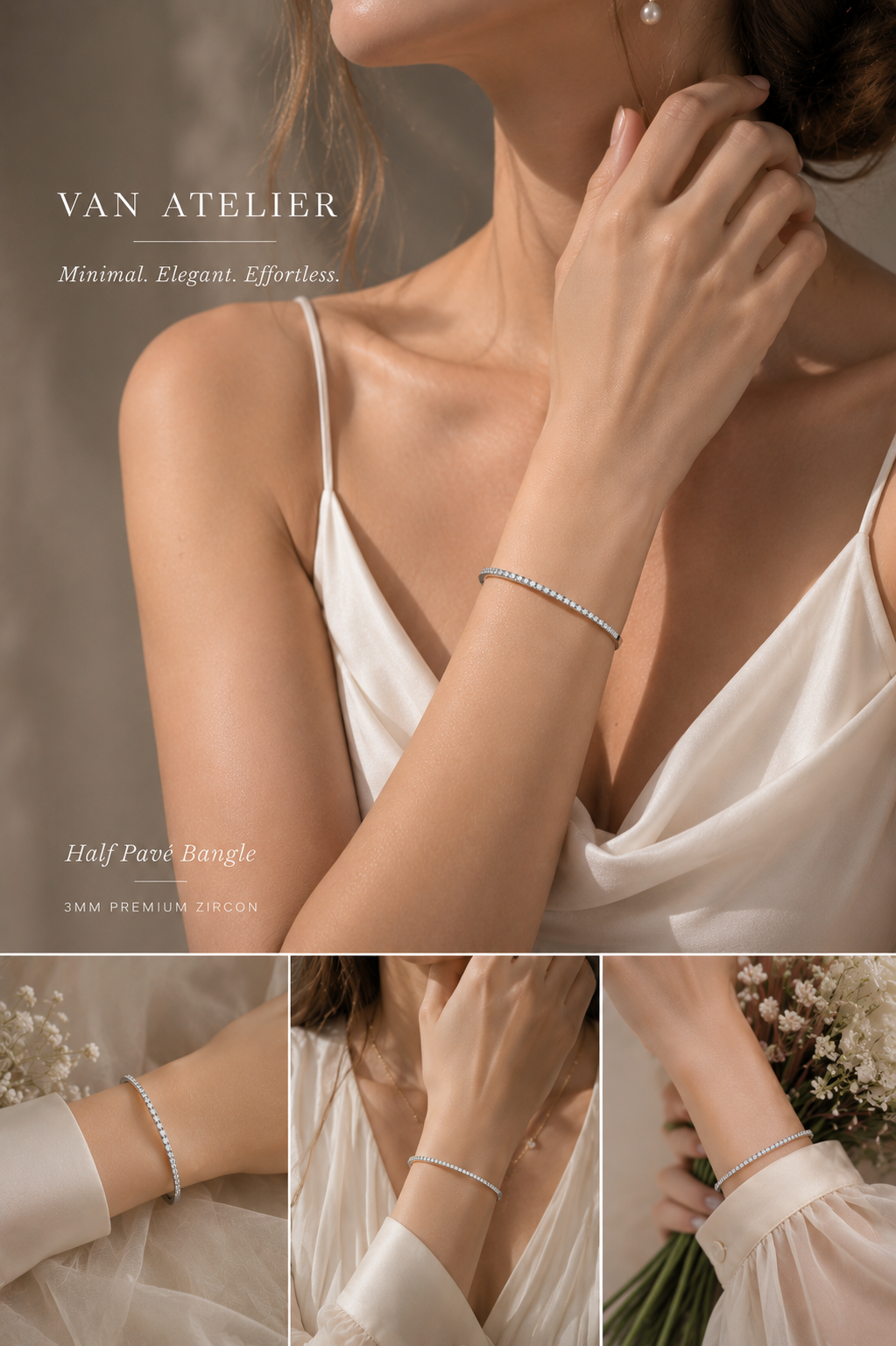 Half Pavé Diamond-Look Bangle – 3MM Premium Zircon Luxury Bracelet