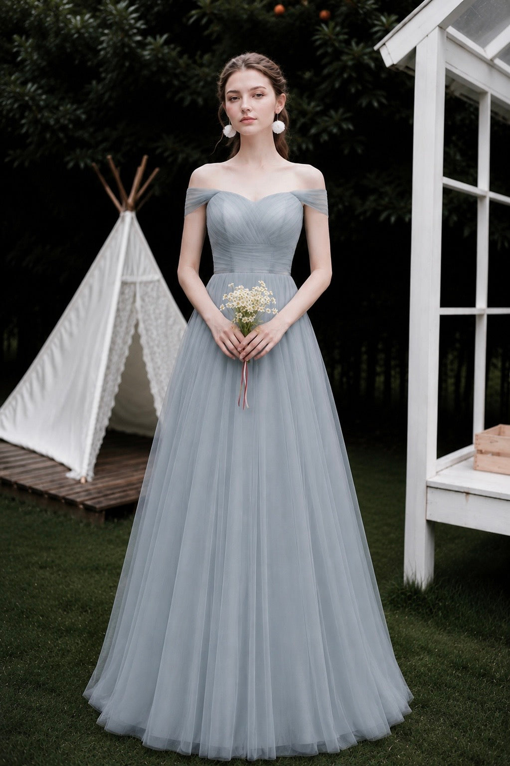 Celeste Bow Back Tulle Bridesmaid Dress – Dusty Blue Off Shoulder Maxi Gown