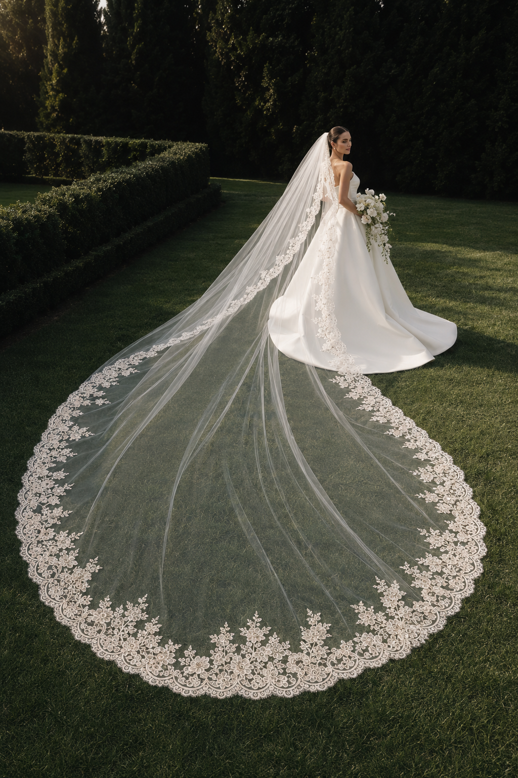 Cathedral Lace Wedding Veil 1.5×3m | Long Bridal Veil with Floral Lace