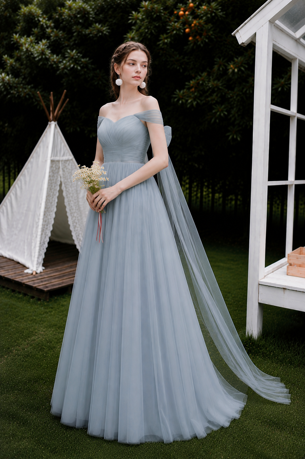 Celeste Bow Back Tulle Bridesmaid Dress – Dusty Blue Off Shoulder Maxi Gown