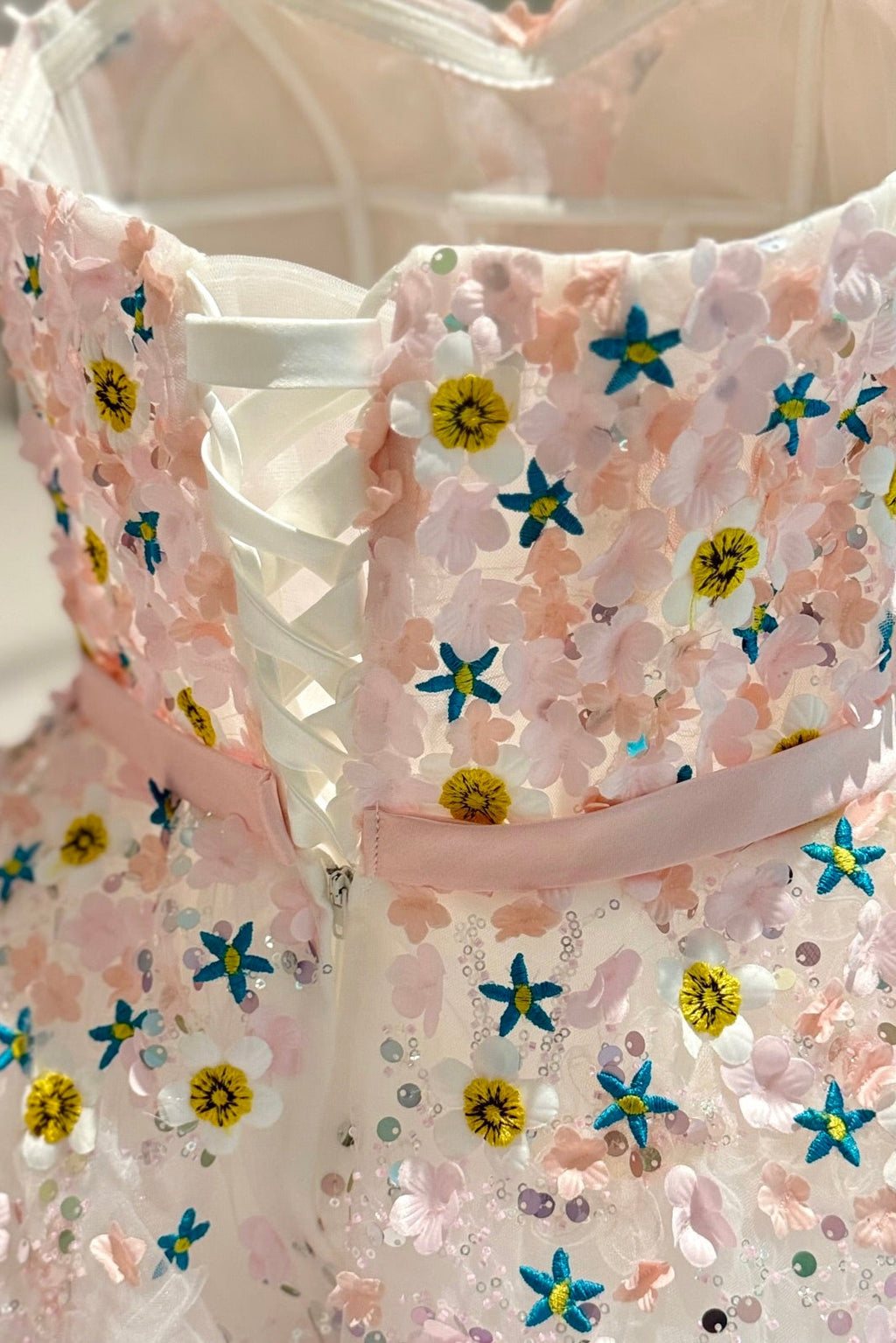 Hand embroidered pink flower couture atelier mini dress
