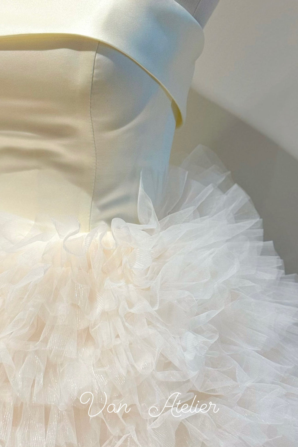 ivory satin ruffle strapless dress With Floral Detail 40041 %0D%0ATo%20maintain%20the%20beauty%20of%20your%20garment%2C%20please%20follow%20the%20care%20instructions%20on%20the%20attached%20label Ivory Strapless Tulle Ruffle Midi