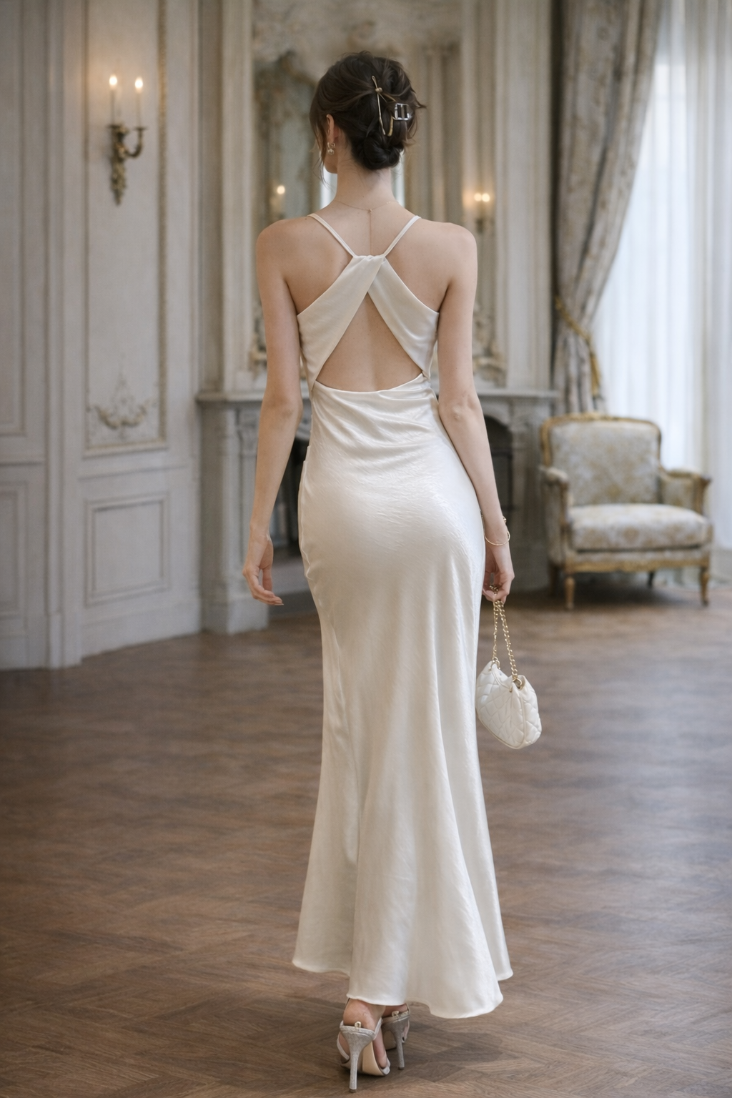 Woman in a white evening gown with an open back in a elegant room.