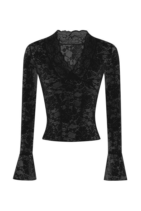 Black floral patterned top on a white background