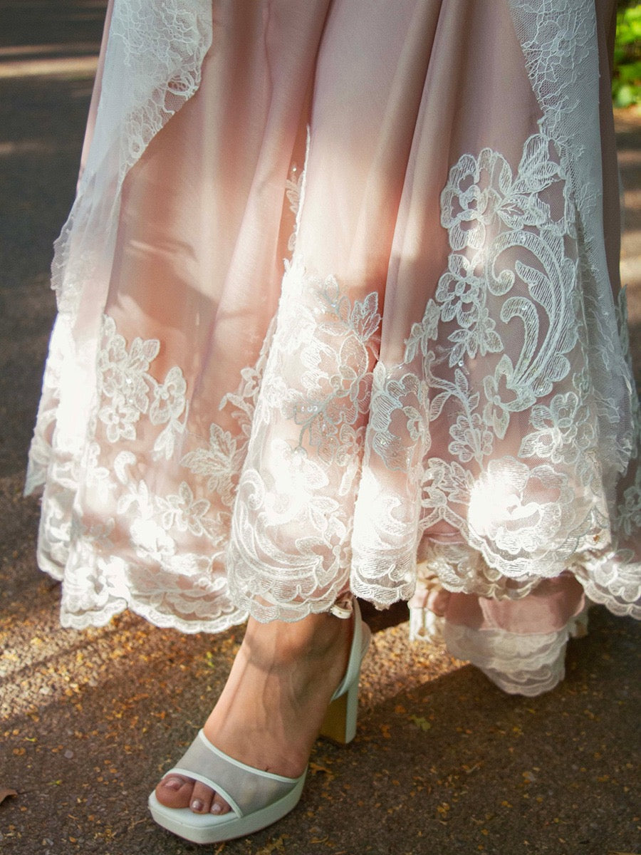 Rosalié Lace Maxi Dress – Blush Lace Bridal Shower & Occasion Dress