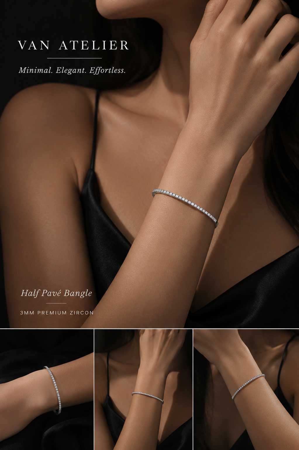 Half Pavé Diamond-Look Bangle – 3MM Premium Zircon Luxury Bracelet