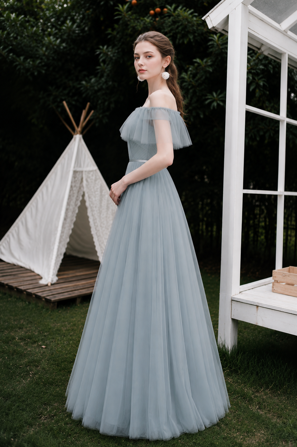 Rosalie Ice Blue Off-Shoulder Tulle Gown