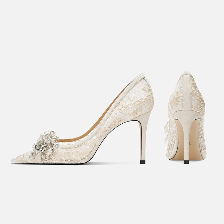 Crystal Bow Lace Stiletto Pumps