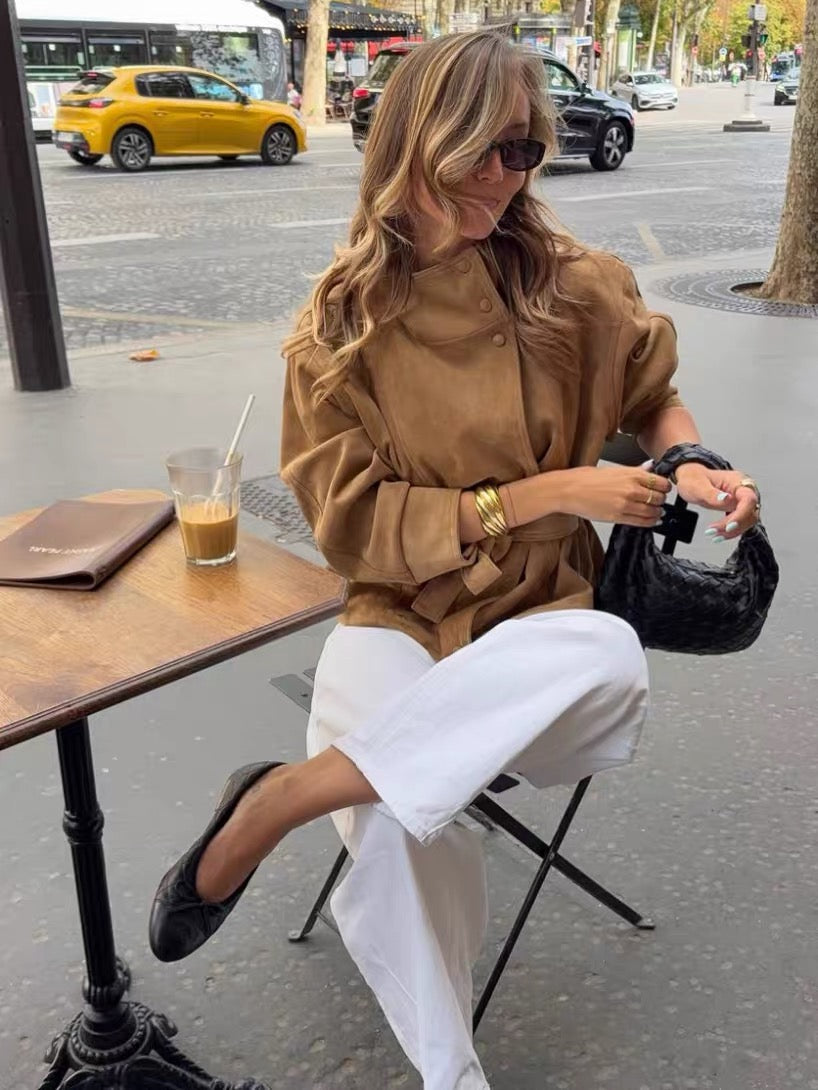 The Sloane Suede-Effect Belted Jacket