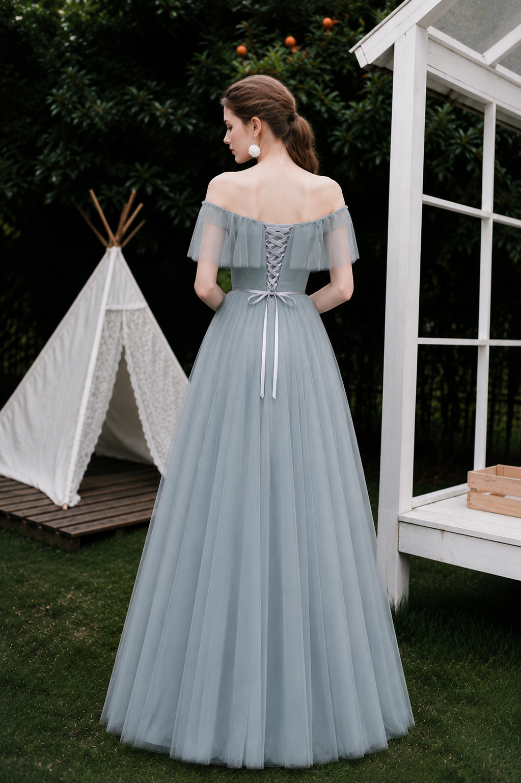 Rosalie Ice Blue Off-Shoulder Tulle Gown