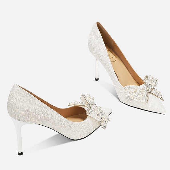Pearl Crystal Bow Ivory Lace Stiletto Pumps