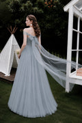 Celeste Bow Back Tulle Bridesmaid Dress – Dusty Blue Off Shoulder Maxi Gown