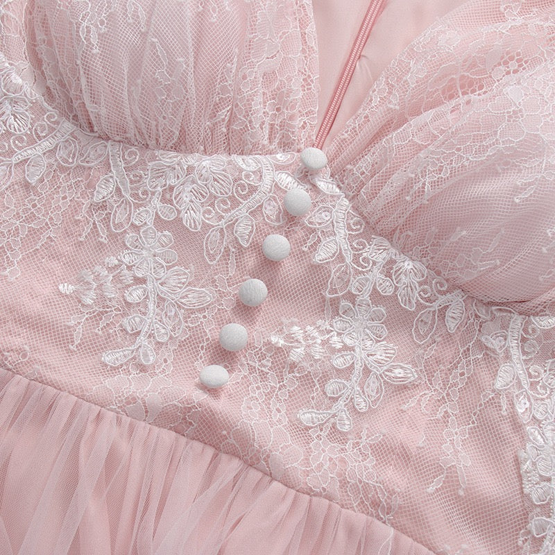 Rosalié Lace Maxi Dress – Blush Lace Bridal Shower & Occasion Dress